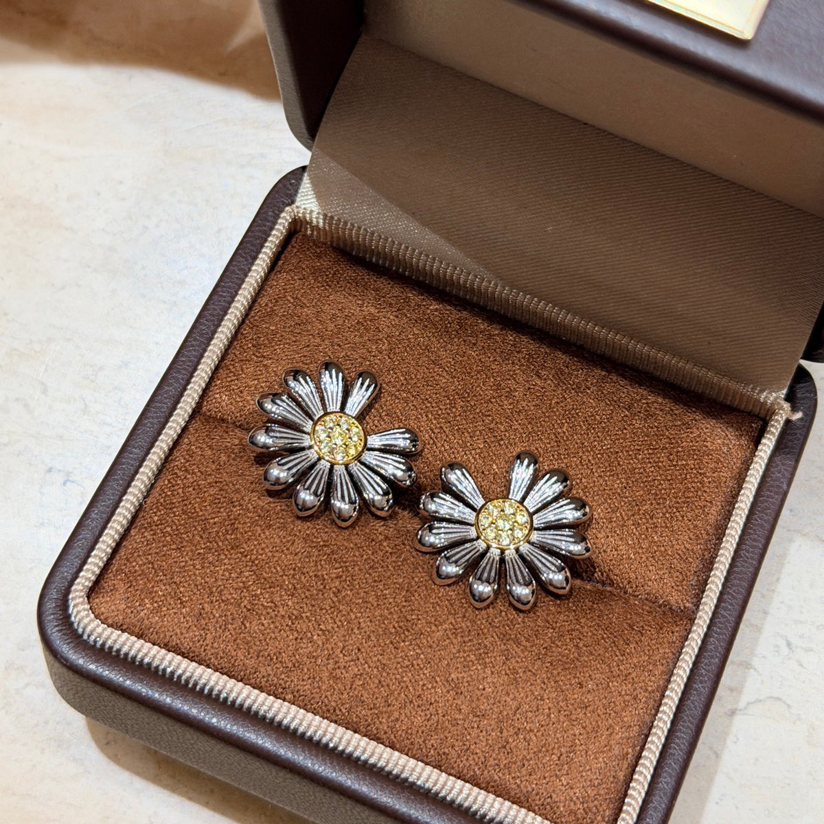 two-tone sterling silver floral Stud Earrings for women - alternate angle view 7