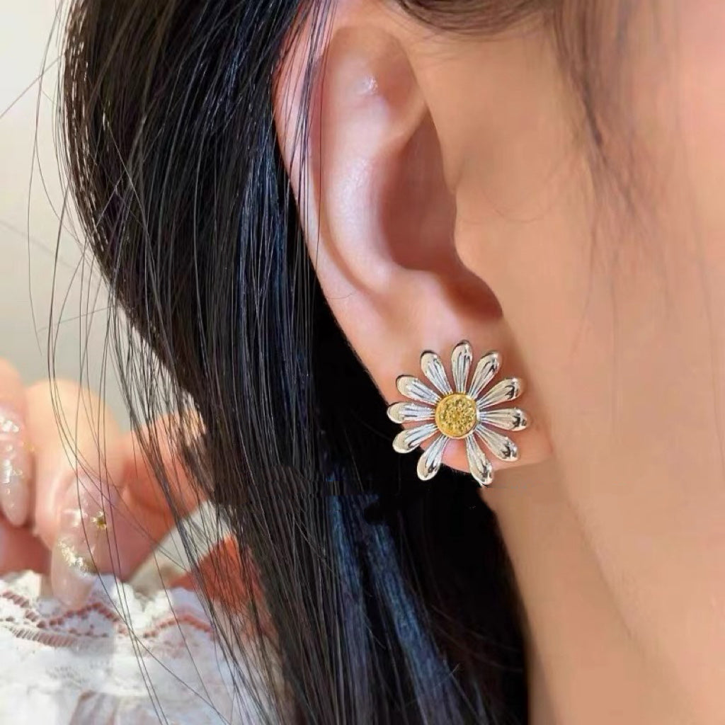 two-tone sterling silver floral Stud Earrings for women - alternate angle view 6