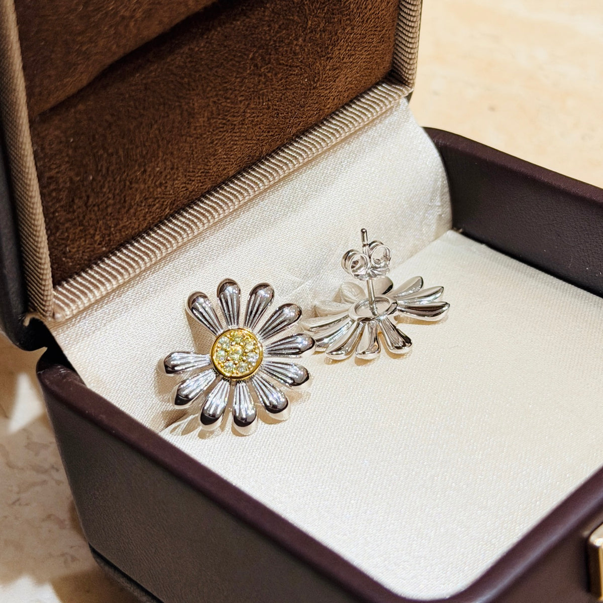 two-tone sterling silver floral Stud Earrings for women - alternate angle view 8