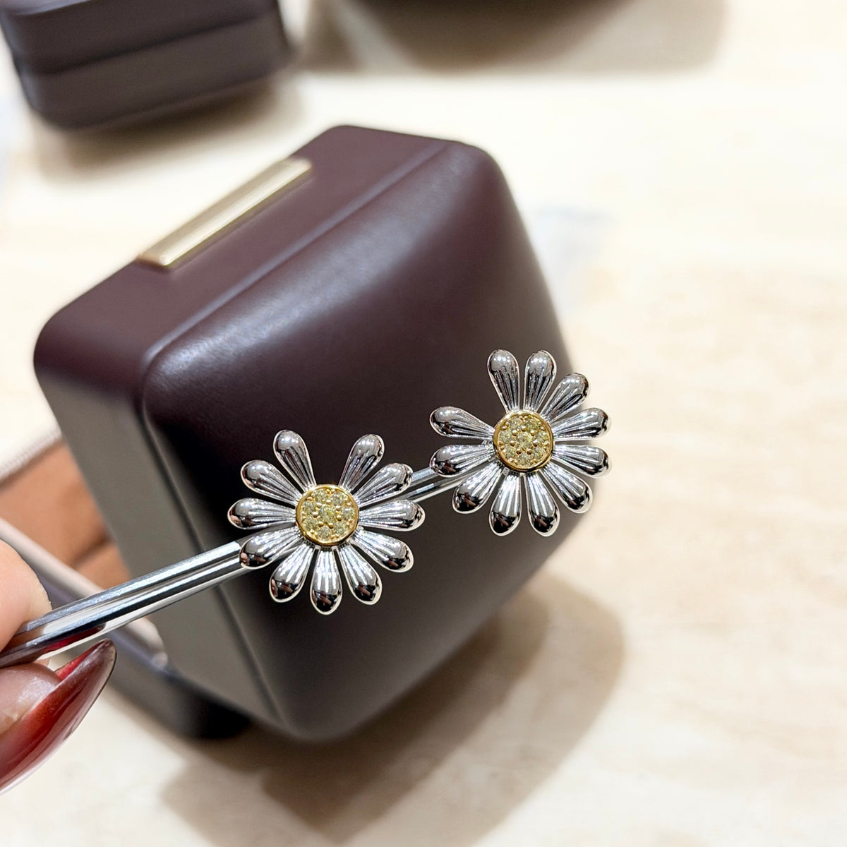 two-tone sterling silver floral Stud Earrings for women - alternate angle view 5