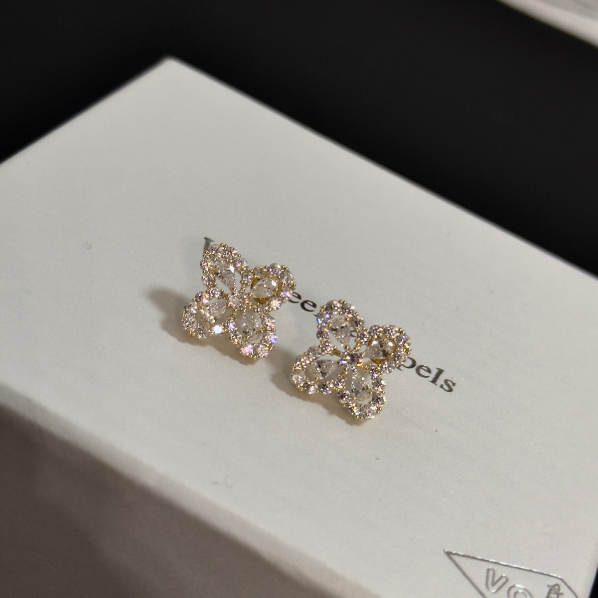 gold crystal clover Stud Earrings for women - alternate angle view 2