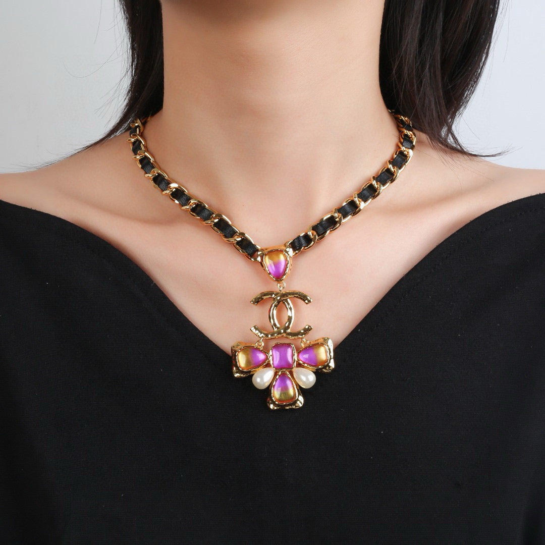 white genuine leather double c Necklace for women - product detail view