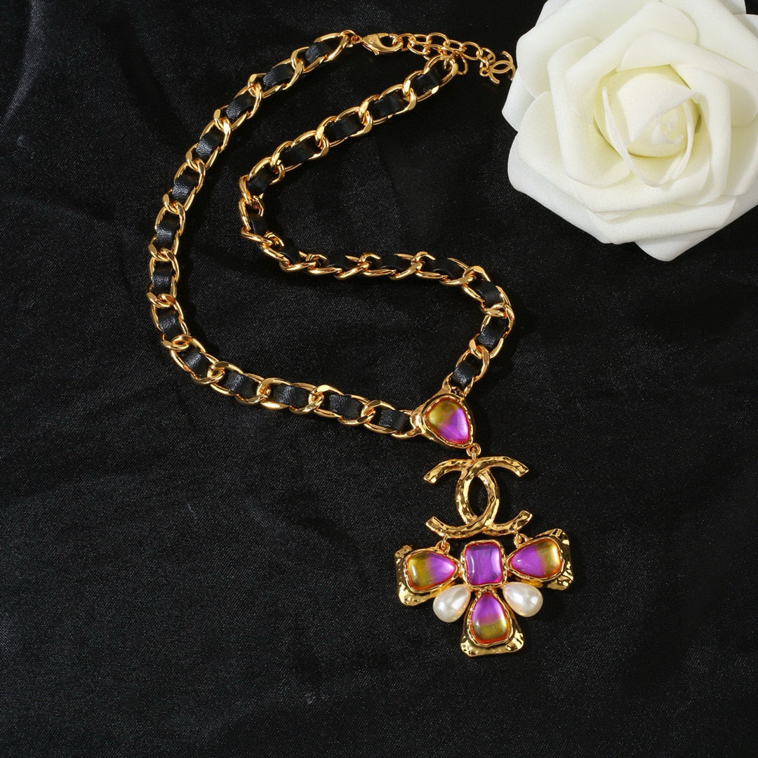 white genuine leather double c Necklace for women - alternate angle view 2