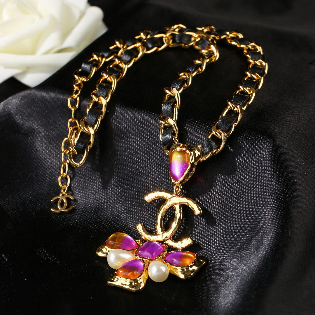 white genuine leather double c Necklace for women - alternate angle view 7