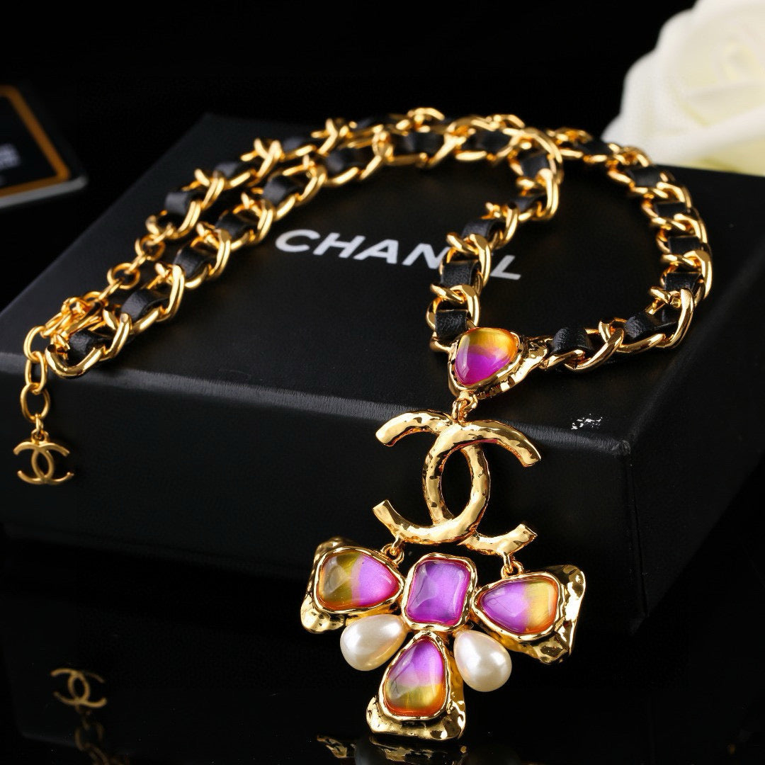 white genuine leather double c Necklace for women - alternate angle view 3