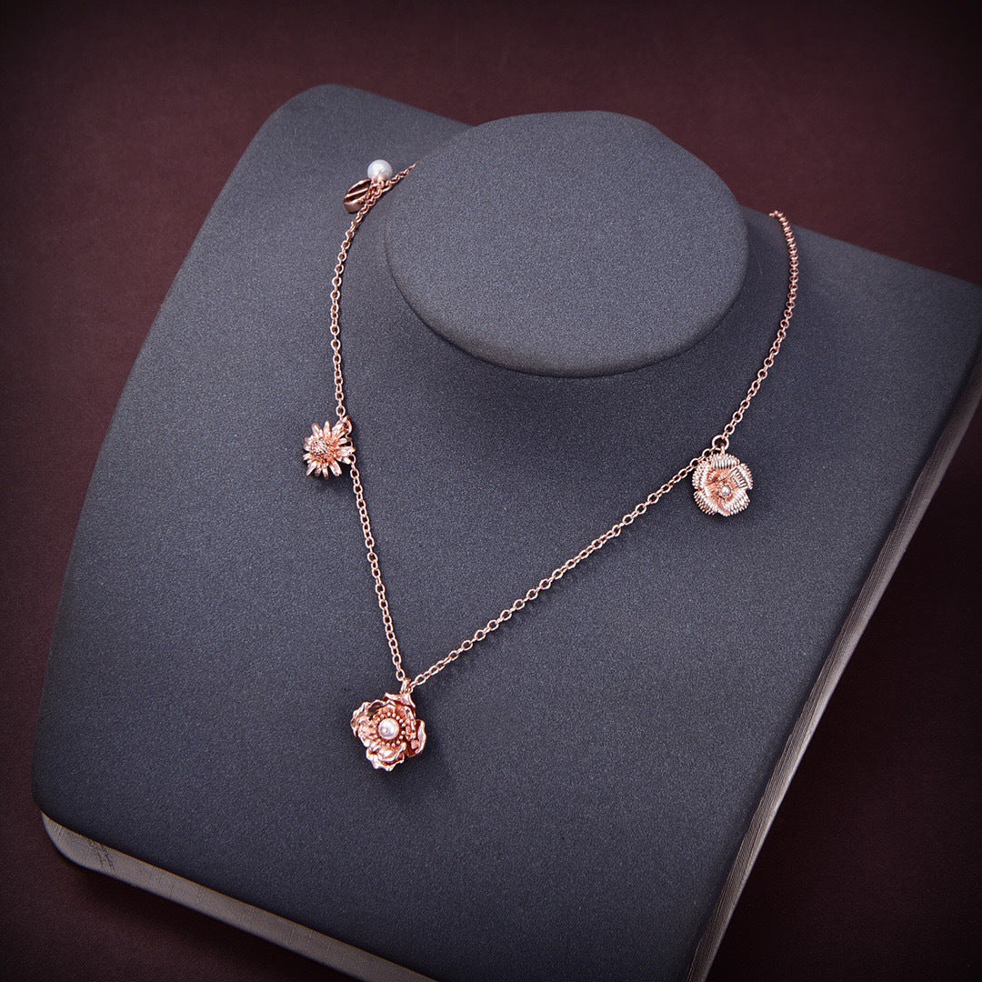 rose gold brass floral Necklace for women - alternate angle view 3