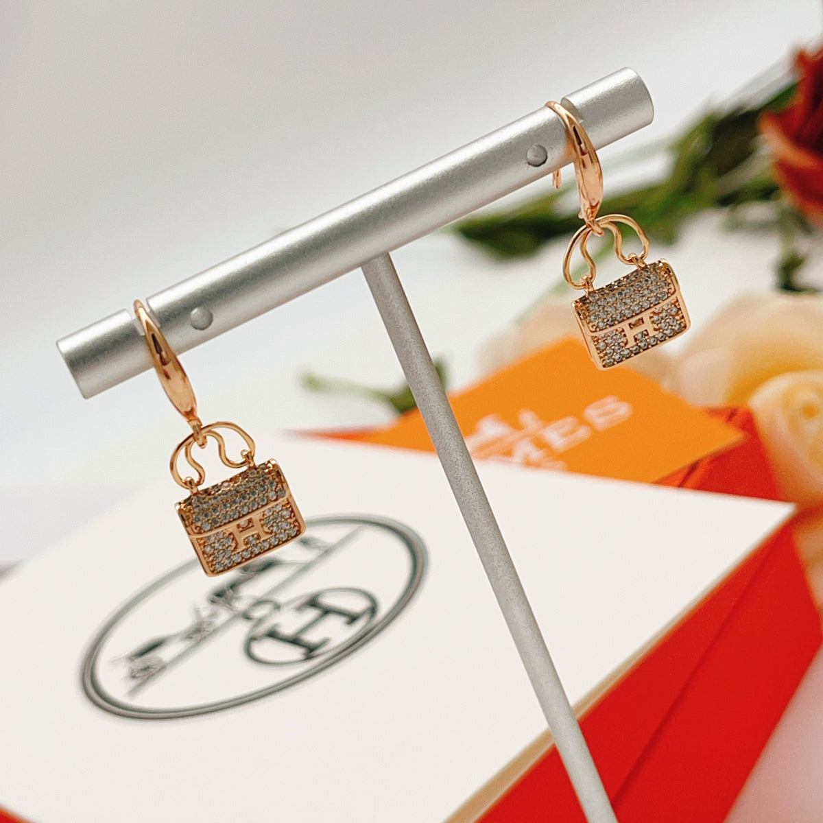 rose gold brass rose Stud Earrings for women - alternate angle view 5