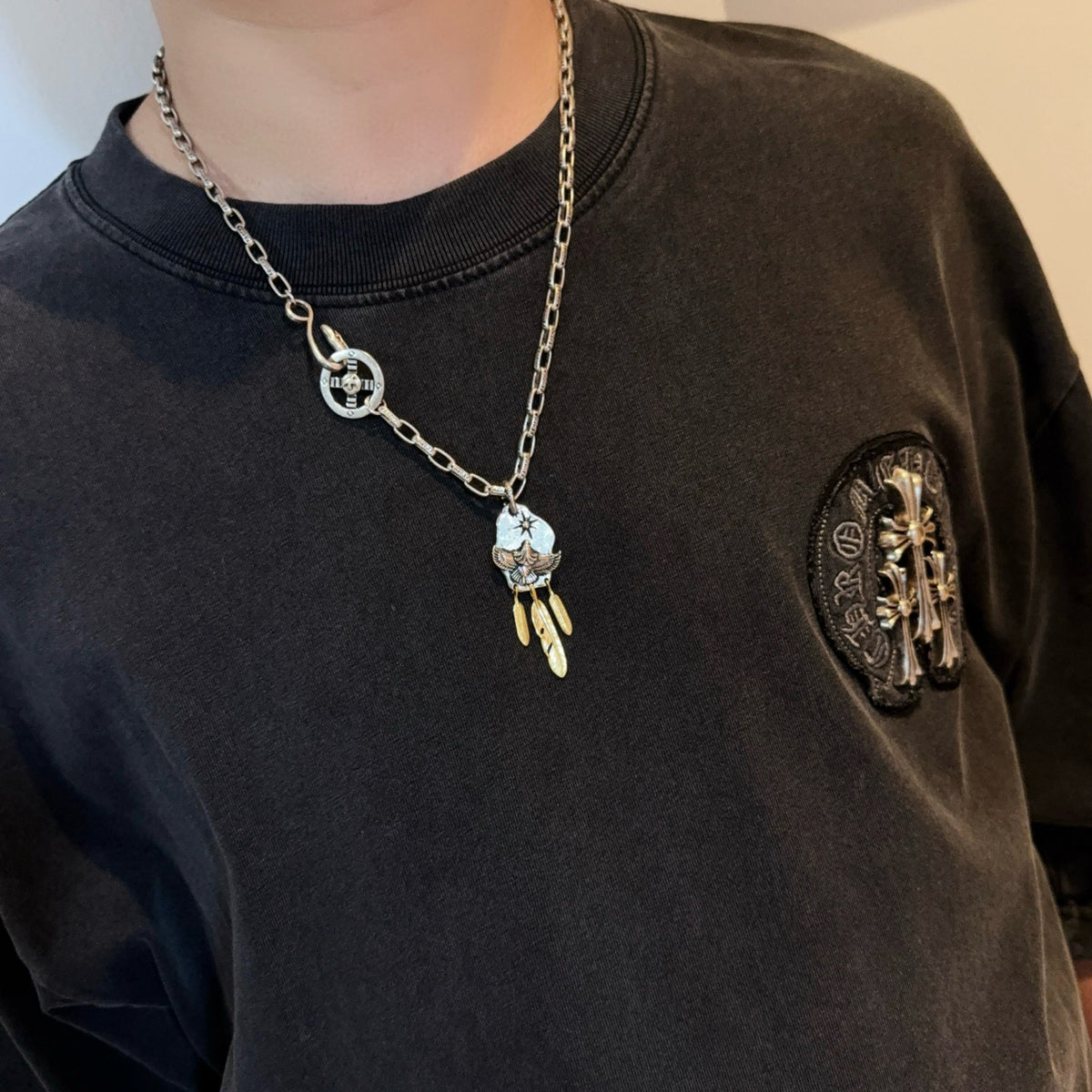 silver vintage Necklace for men - alternate angle view 3