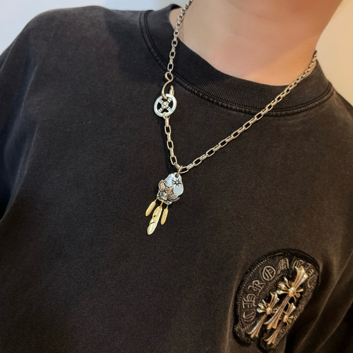 silver vintage Necklace for men - alternate angle view 2