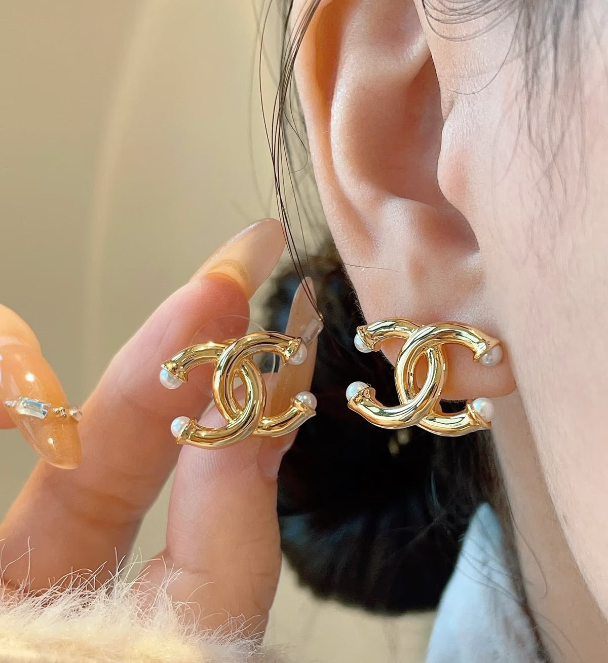 gold pearl double c Stud Earrings for women - alternate angle view 7