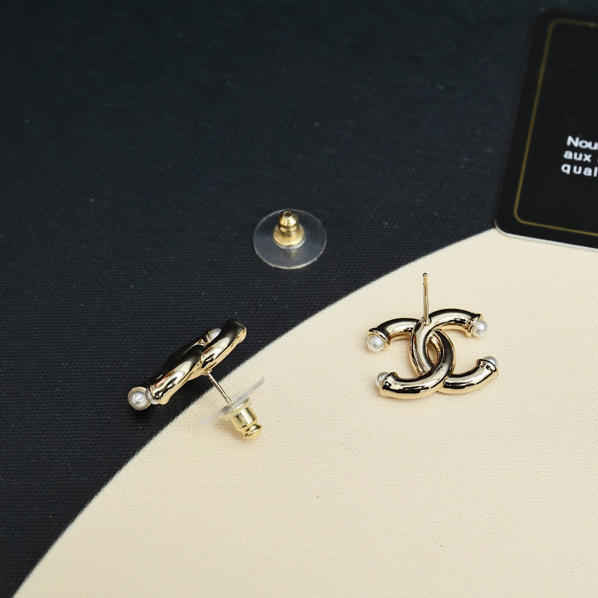 gold pearl double c Stud Earrings for women - alternate angle view 2