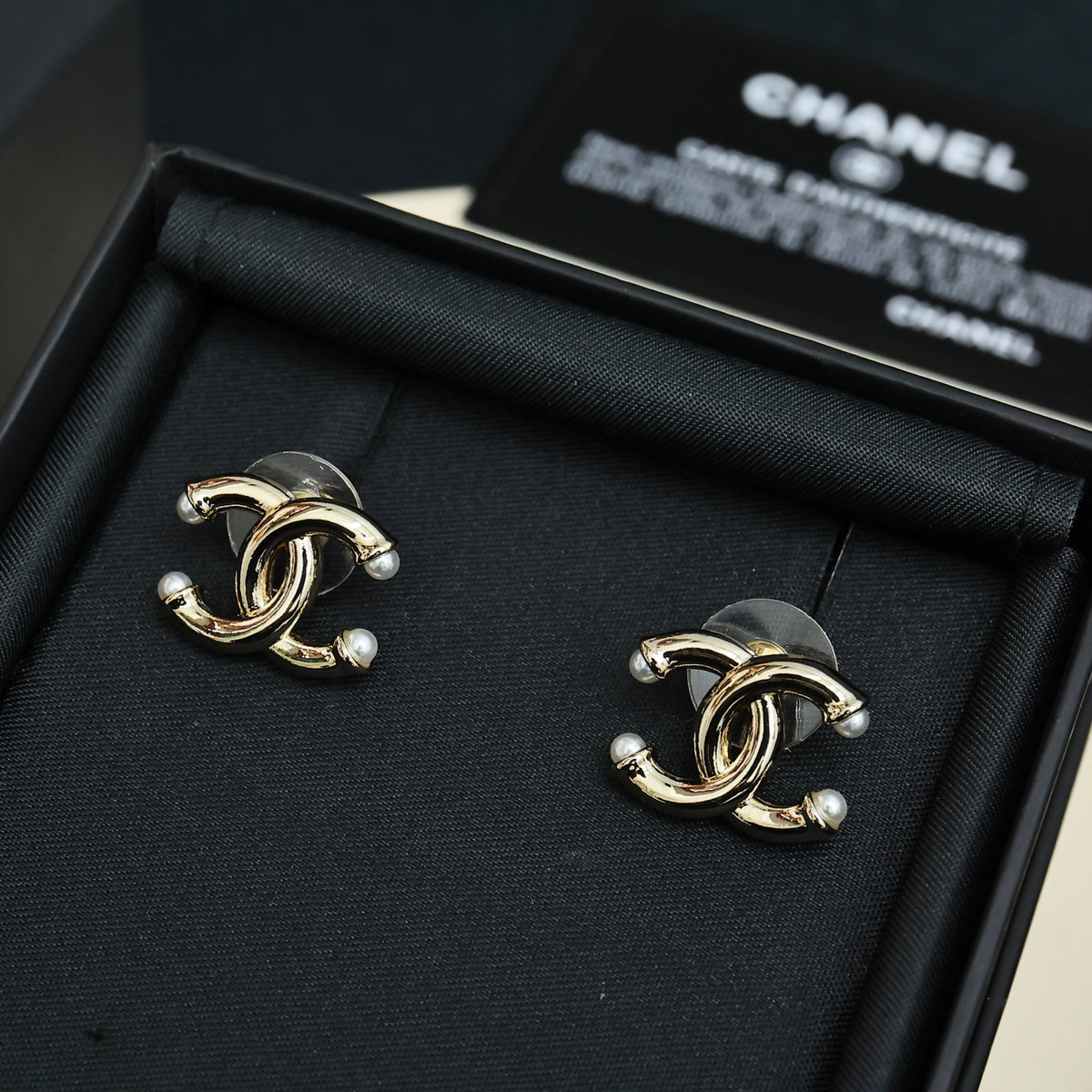 gold pearl double c Stud Earrings for women - alternate angle view 4