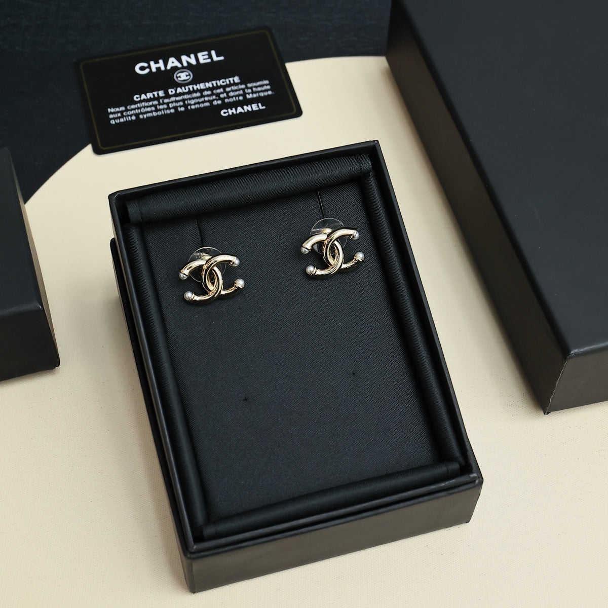 gold pearl double c Stud Earrings for women - alternate angle view 5