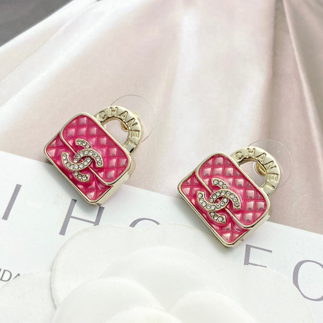 pink crystal crystal inlaid Stud Earrings for women - alternate angle view 3