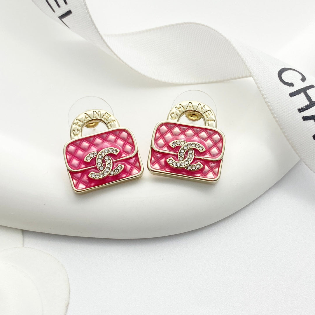 pink crystal crystal inlaid Stud Earrings for women - alternate angle view 2