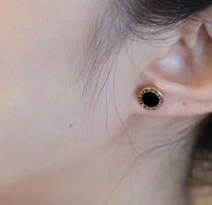 black silver post inlaid Stud Earrings for unisex couple - alternate angle view 7