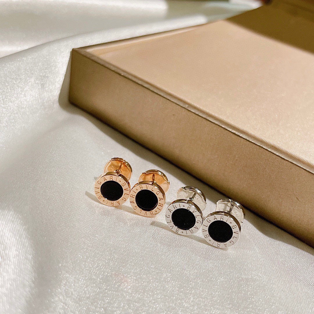 black silver post inlaid Stud Earrings for unisex couple - alternate angle view 3