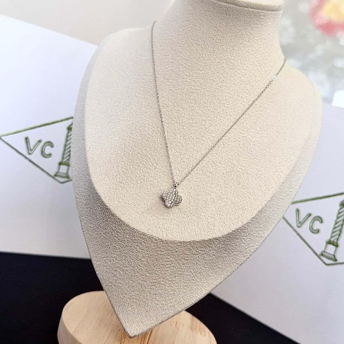 gold crystal clover Necklace for women - alternate angle view 2