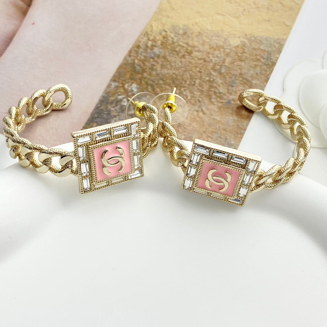 pink crystal inlaid Stud Earrings for women - alternate angle view 3