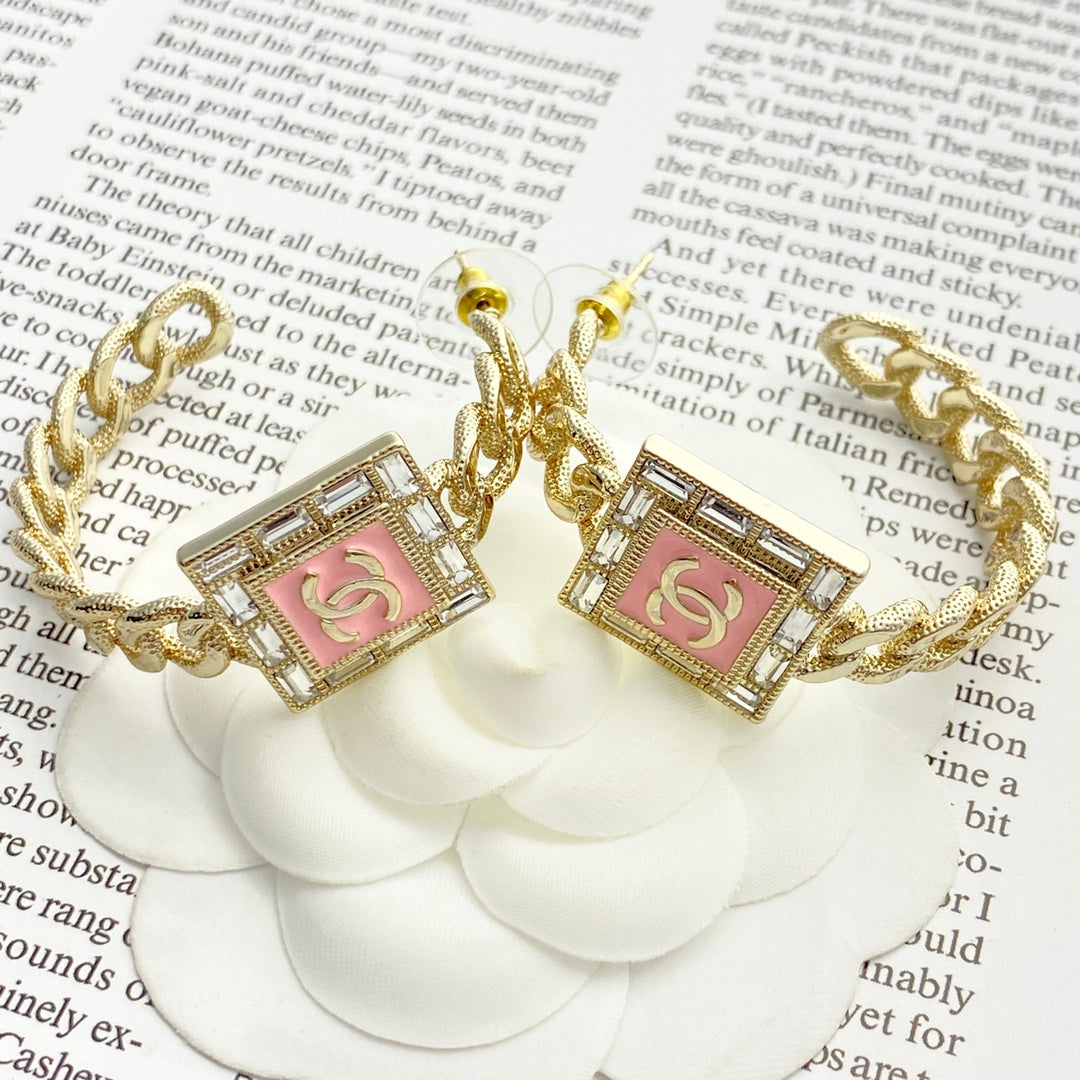 pink crystal inlaid Stud Earrings for women - alternate angle view 2