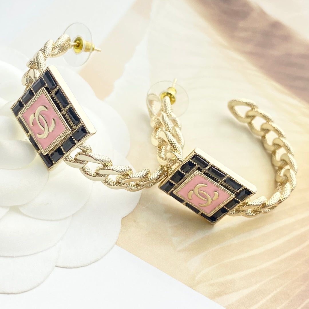 pink crystal inlaid Stud Earrings for women - alternate angle view 5