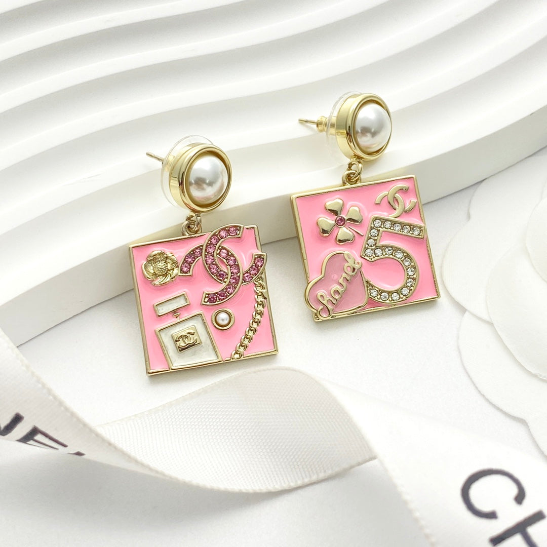 pink pearl number Stud Earrings for women - alternate angle view 2
