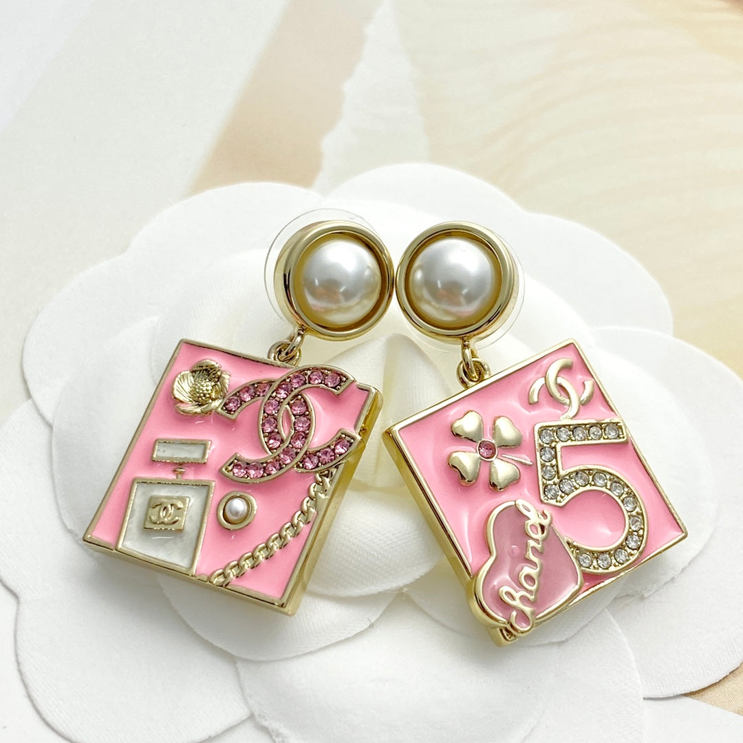 pink pearl number Stud Earrings for women - alternate angle view 3