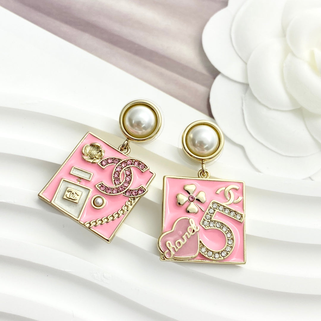 pink pearl number Stud Earrings for women - alternate angle view 6