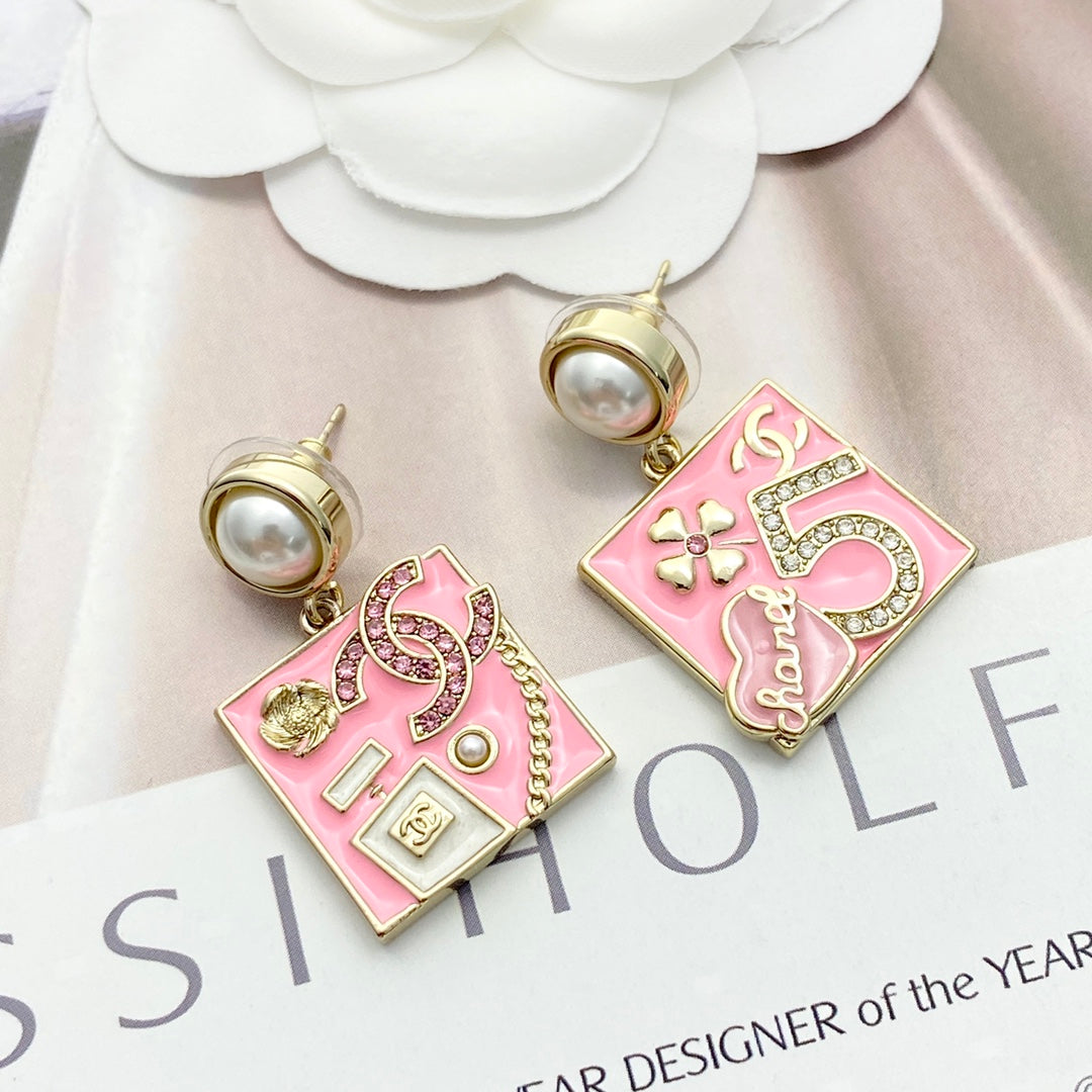 pink pearl number Stud Earrings for women - alternate angle view 4