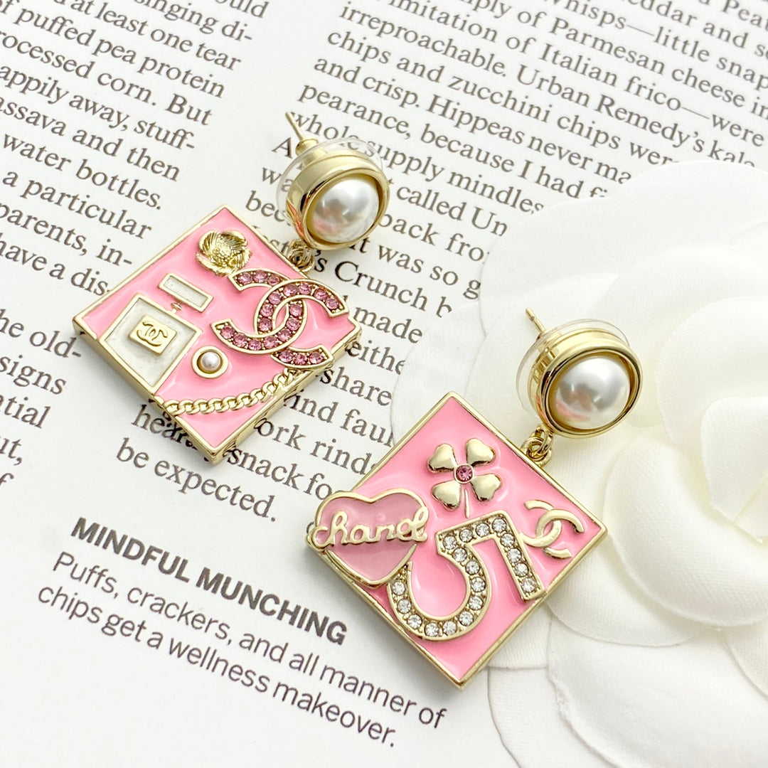 pink pearl number Stud Earrings for women - alternate angle view 5