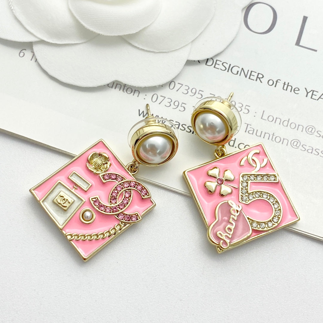pink pearl number Stud Earrings for women - product detail view