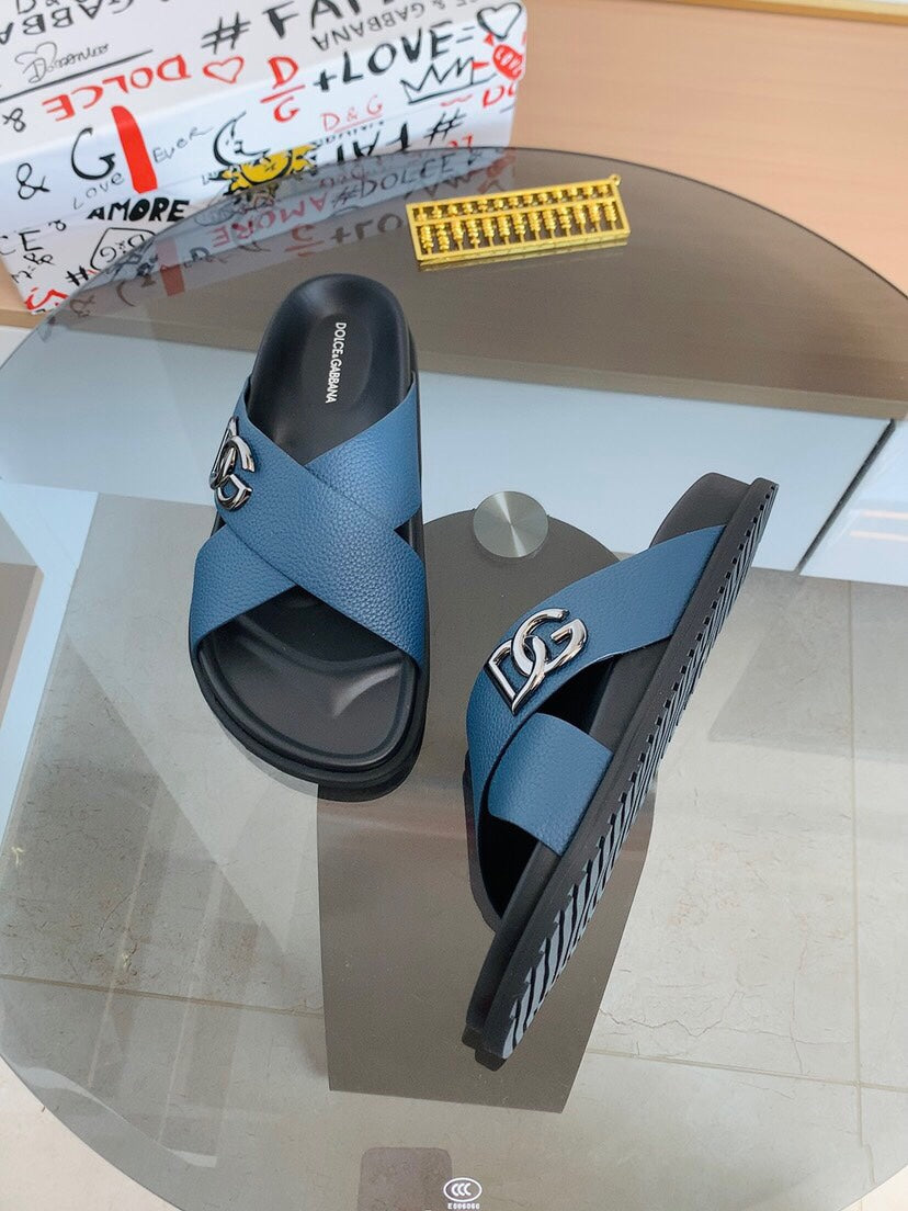 Dolce & Gabbana DG Men's Leather Strap Sandals with Aluminum Buckle