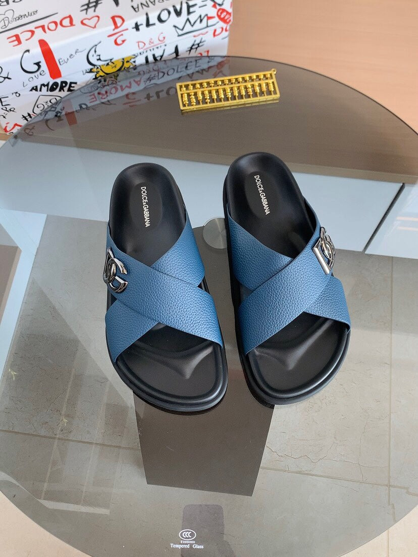 Dolce & Gabbana DG Men's Leather Strap Sandals with Aluminum Buckle