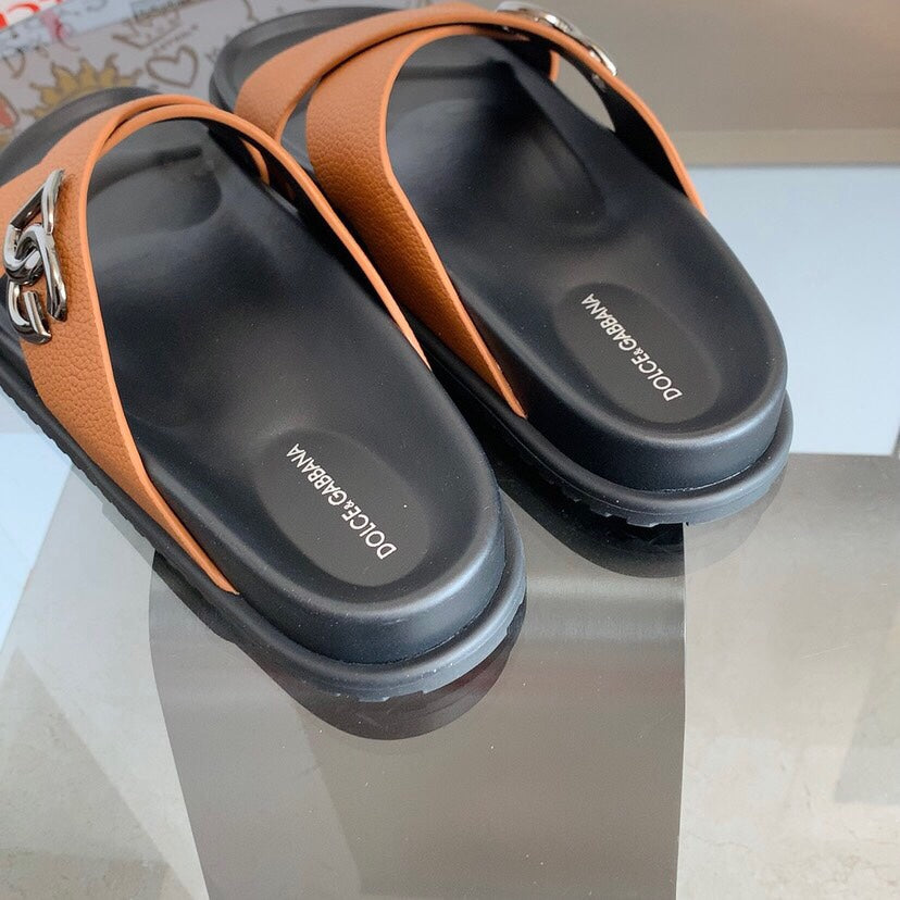 Dolce & Gabbana DG Men's Leather Strap Sandals with Aluminum Buckle