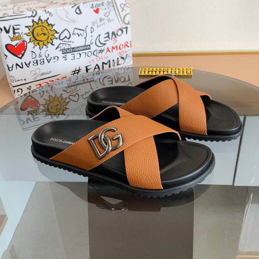 Dolce & Gabbana DG Men's Leather Strap Sandals with Aluminum Buckle