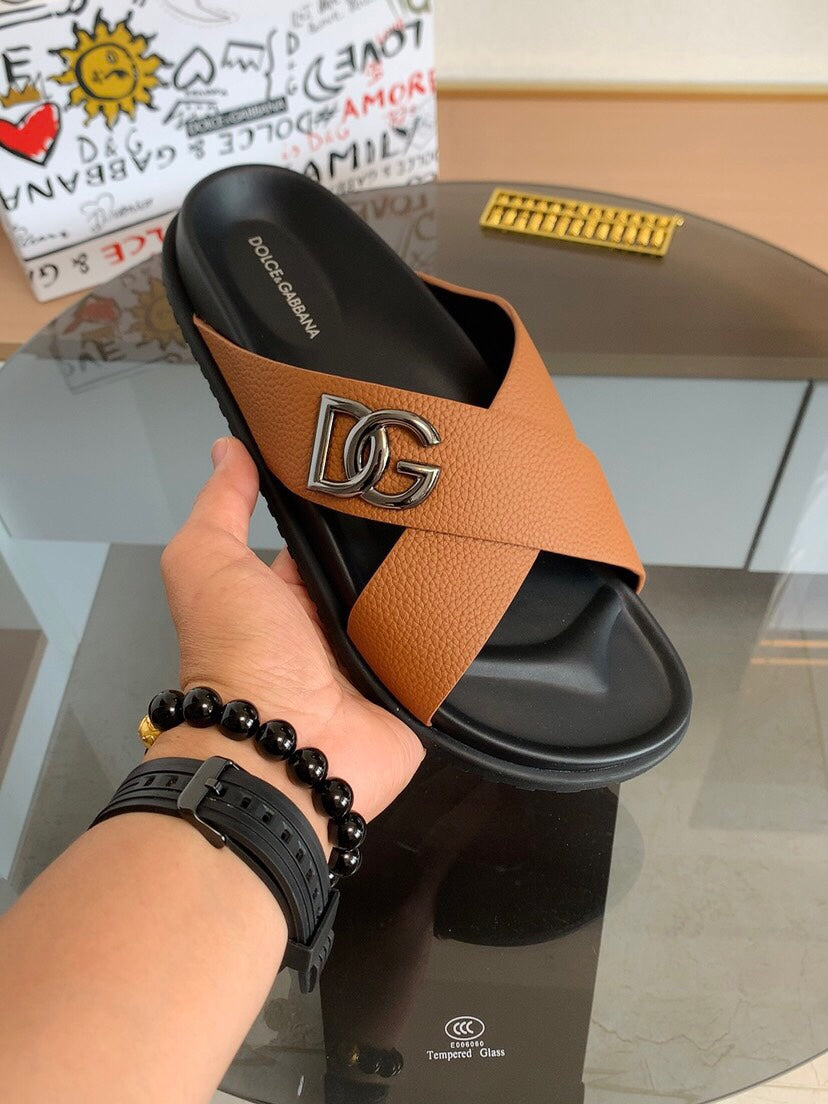 Dolce & Gabbana DG Men's Leather Strap Sandals with Aluminum Buckle