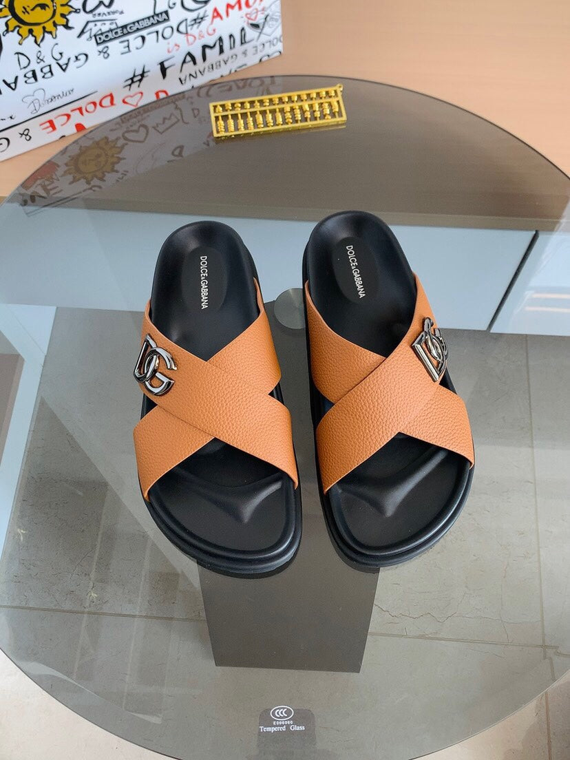 Dolce & Gabbana DG Men's Leather Strap Sandals with Aluminum Buckle