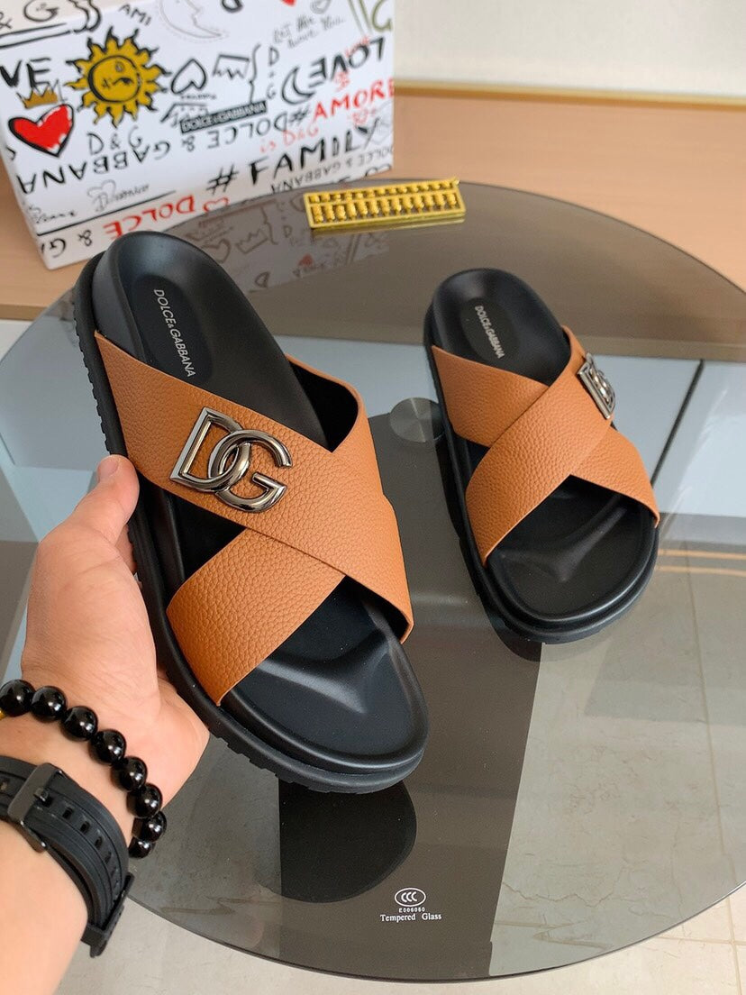 Dolce & Gabbana DG Men's Leather Strap Sandals with Aluminum Buckle