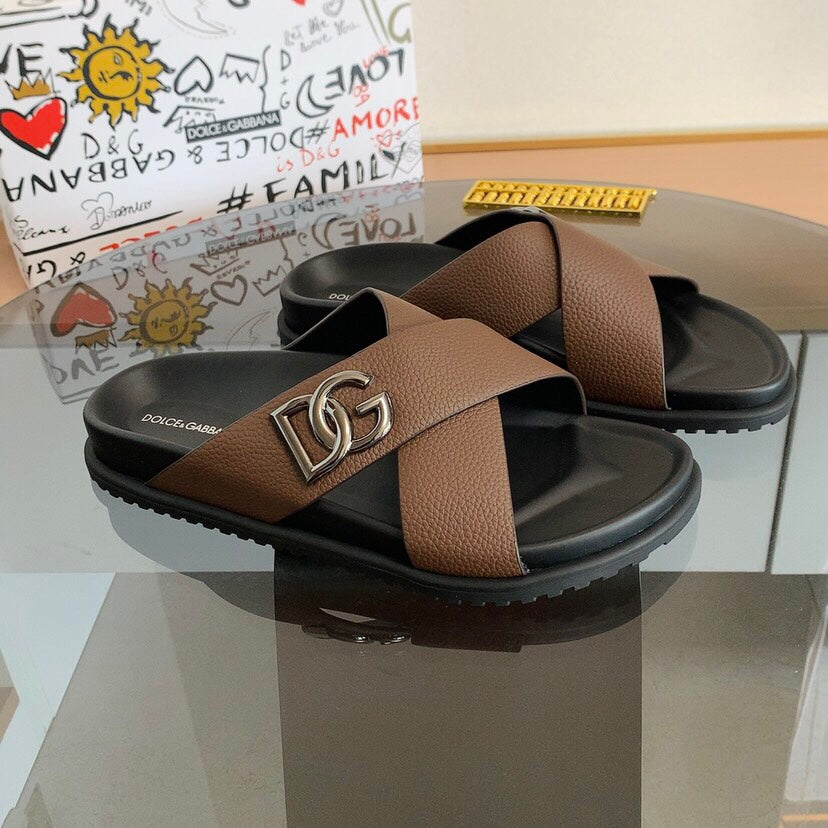 Dolce & Gabbana DG Men's Leather Strap Sandals with Aluminum Buckle
