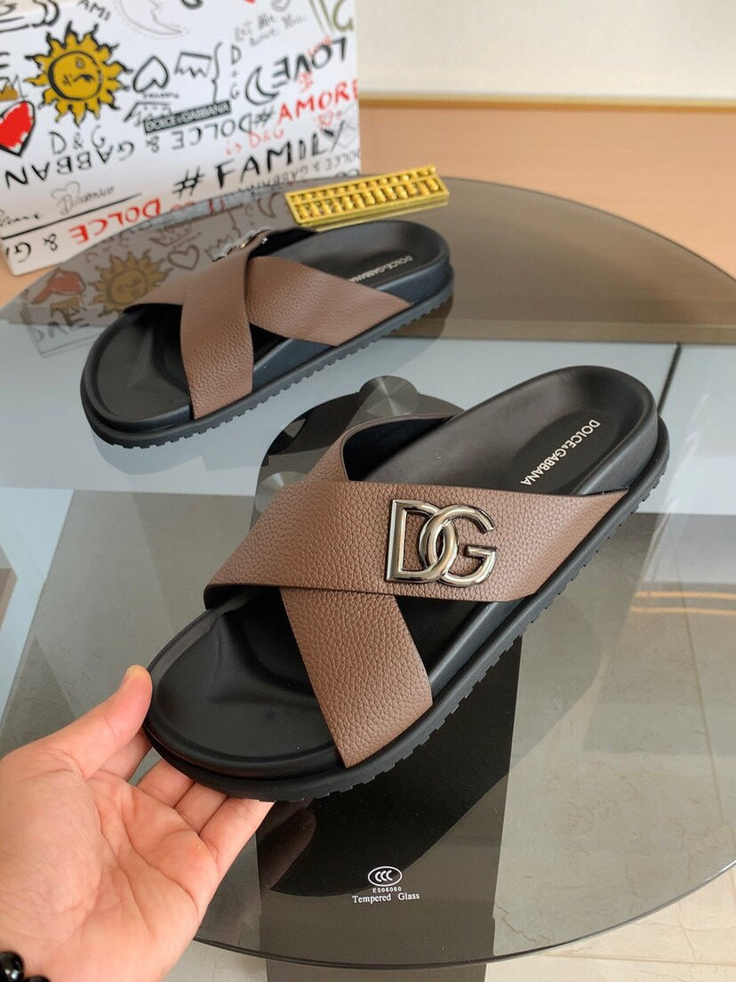 Dolce & Gabbana DG Men's Leather Strap Sandals with Aluminum Buckle