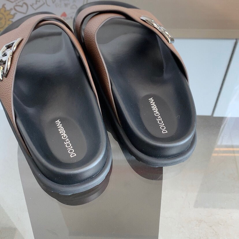 Dolce & Gabbana DG Men's Leather Strap Sandals with Aluminum Buckle