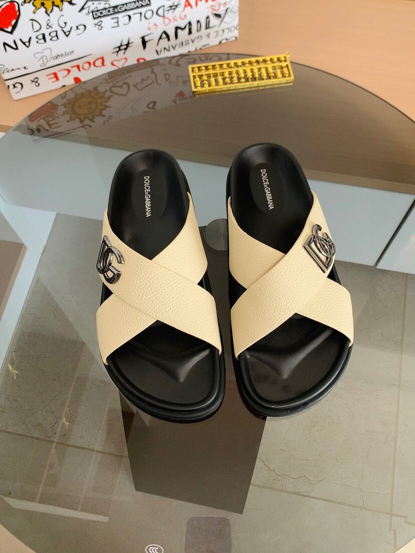 Dolce & Gabbana DG Men's Leather Strap Sandals with Aluminum Buckle