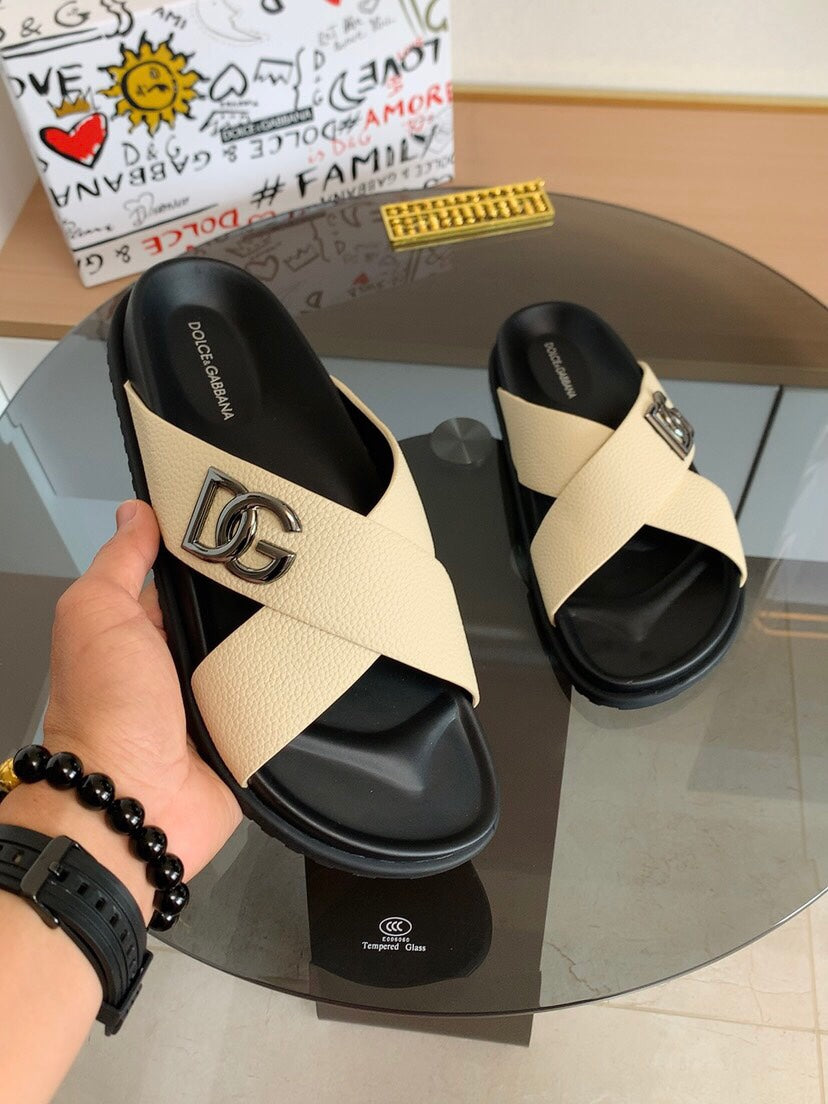 Dolce & Gabbana DG Men's Leather Strap Sandals with Aluminum Buckle