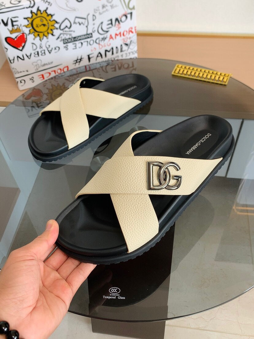 Dolce & Gabbana DG Men's Leather Strap Sandals with Aluminum Buckle