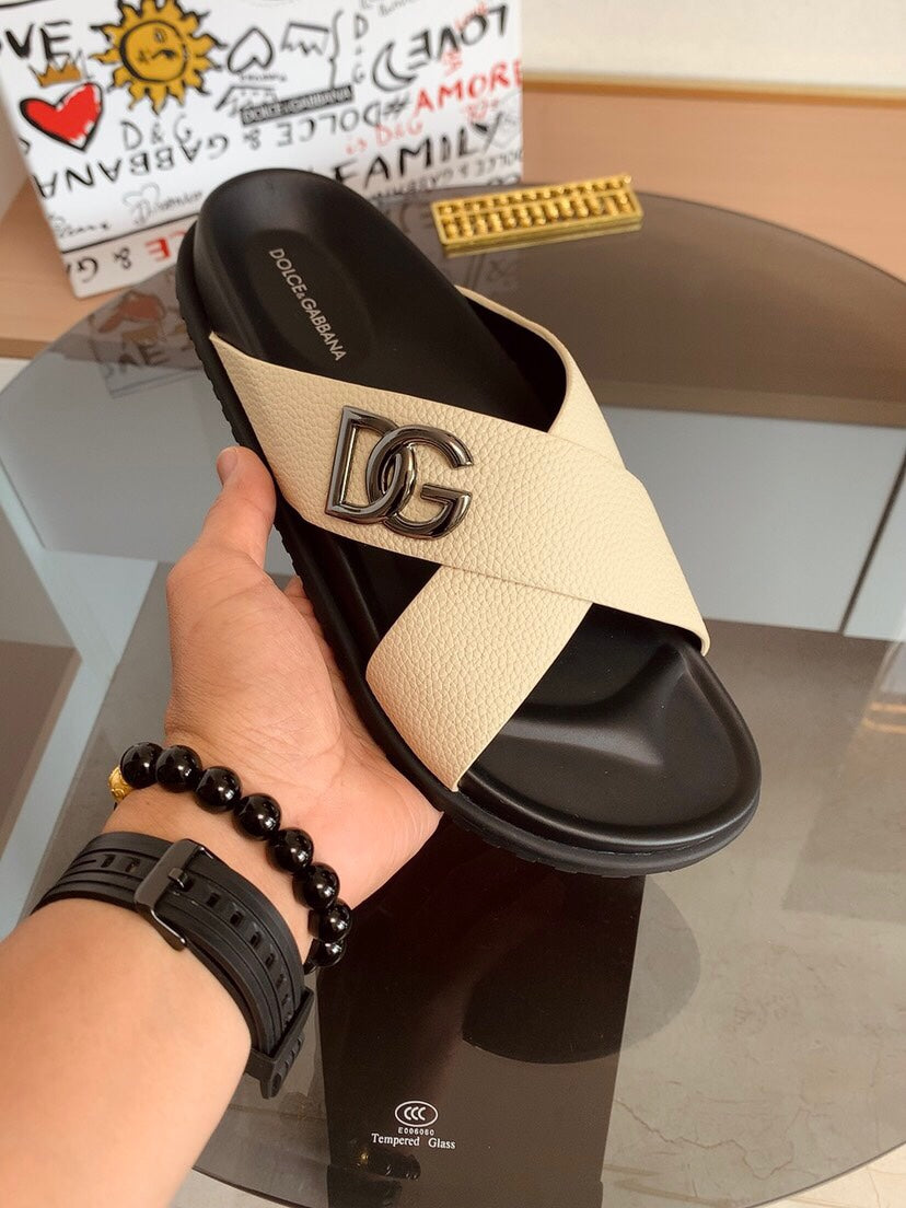 Dolce & Gabbana DG Men's Leather Strap Sandals with Aluminum Buckle