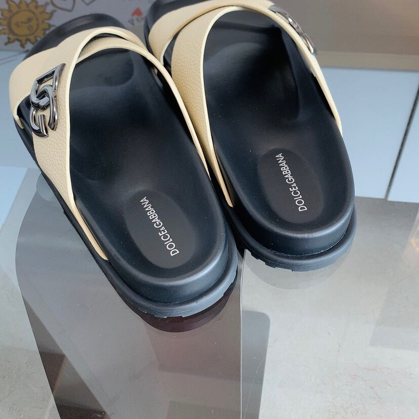 Dolce & Gabbana DG Men's Leather Strap Sandals with Aluminum Buckle