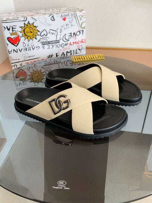 Dolce & Gabbana DG Men's Leather Strap Sandals with Aluminum Buckle