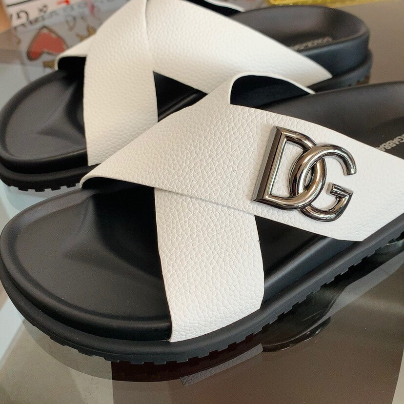 Dolce & Gabbana DG Men's Leather Strap Sandals with Aluminum Buckle