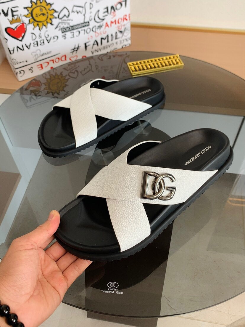 Dolce & Gabbana DG Men's Leather Strap Sandals with Aluminum Buckle