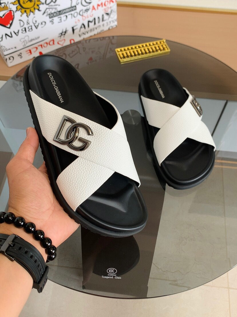 Dolce & Gabbana DG Men's Leather Strap Sandals with Aluminum Buckle